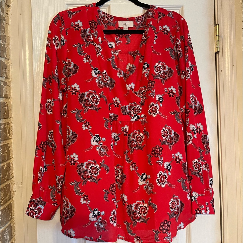 LOFT Red Floral V-neck Blouse